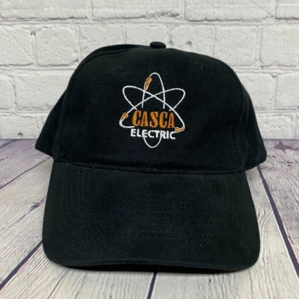 Vintage Baseball Hat Cap CASCA Electric Adjustable Strap Embroidered Logo Black